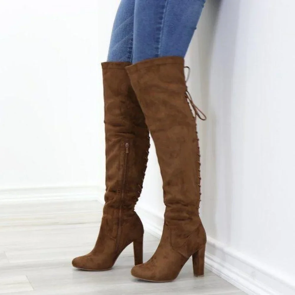 Suede Over The Knee Heeled Boots With Lace Up Back - Picture 3 of 14